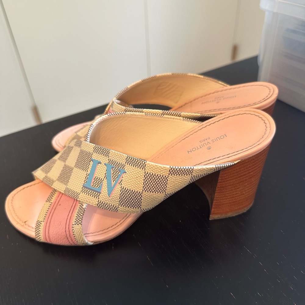 Louis Vuitton Damier Azur & Pink Cross-Band Slide Mules